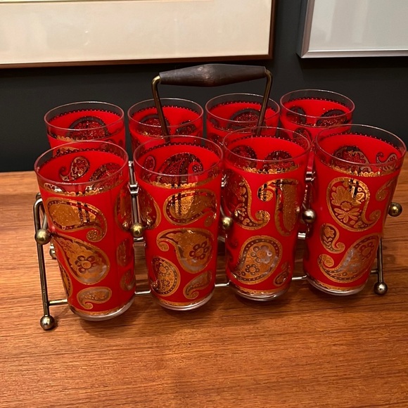 Vintage Culver Red & Gold Paisley Pattern Highball Tumbler Glasses w/Carrier - Picture 1 of 5